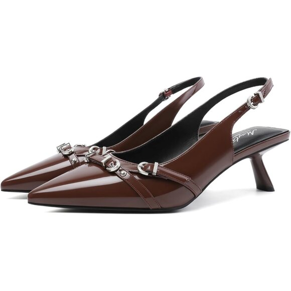 Women's Dark Brown Pointed Toe Pumps Patent Leather Slingback Heels With Buckle - Picture 9 of 9